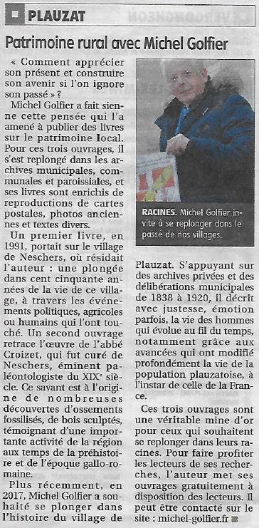 Article de presse sortie en 1998 sur Quelques notes prises au fil du temps sur Plauzat et ses villages voisins.