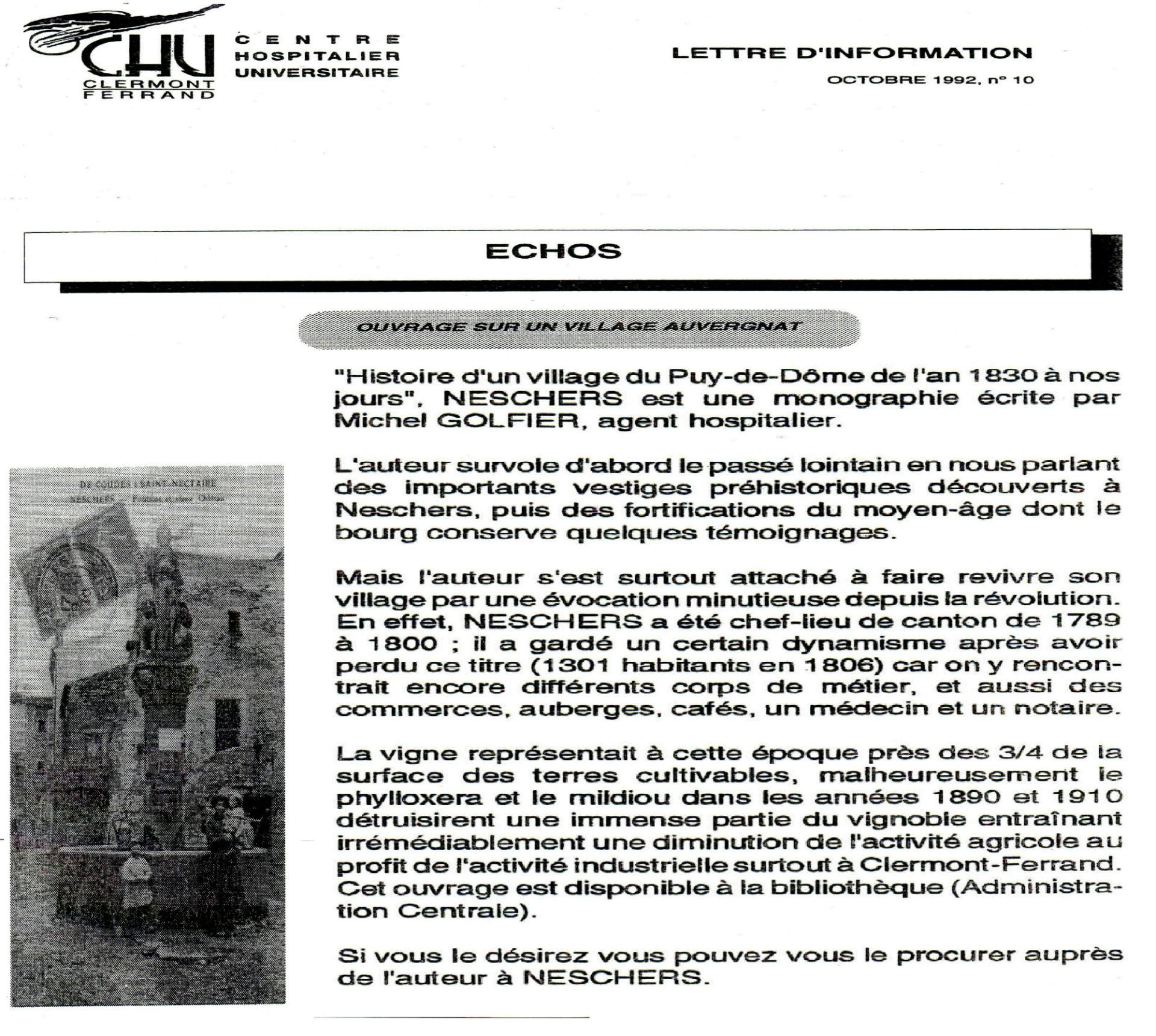 Articles de presse publiés en 1998 sur L'Histoire d'un village du Puy-de-Dôme de l'an 1830 à nos jours, Neschers.