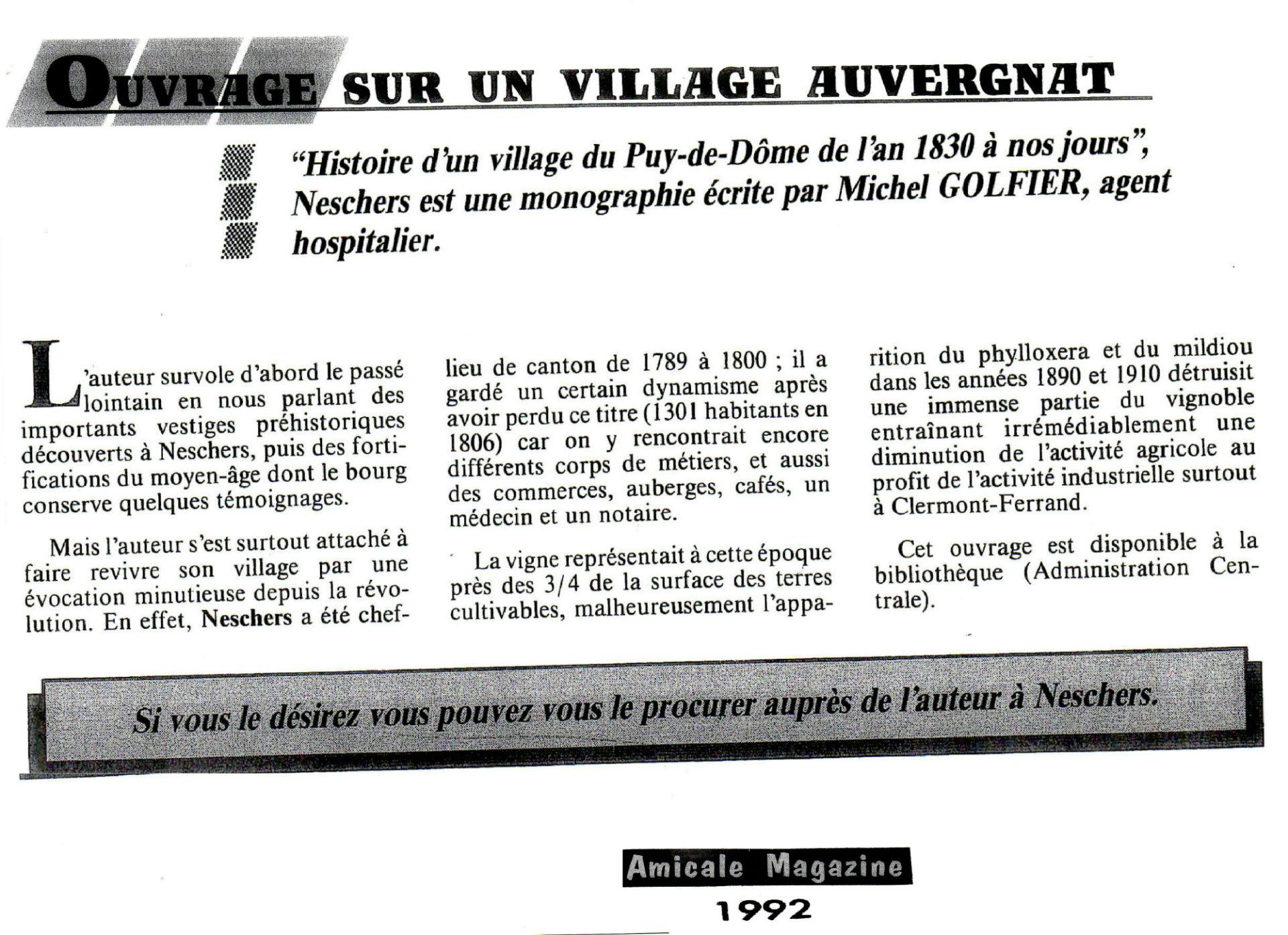 Articles de presse publiés en 1998 sur L'Histoire d'un village du Puy-de-Dôme de l'an 1830 à nos jours, Neschers.