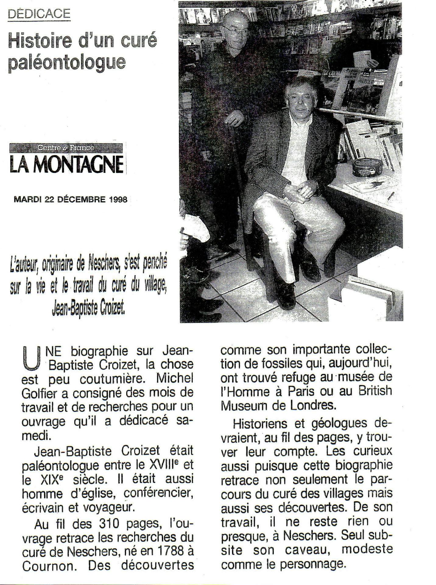 Articles de presse publiés en 1998 sur Jean-Baptiste Croizet, curé de Neschers et paléontologue.